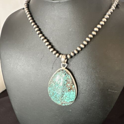 Men's Navajo Blue Spiderweb Turquoise Pendant Necklace | Sterling Silver | Authentic Native American Handmade | 16208