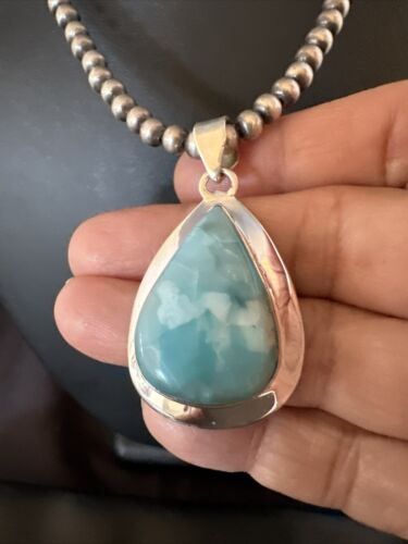 Navajo Blue Larimar Pendant Necklace | Sterling Silver Beads | Authentic Native American Handmade | 17569 - Masha USA