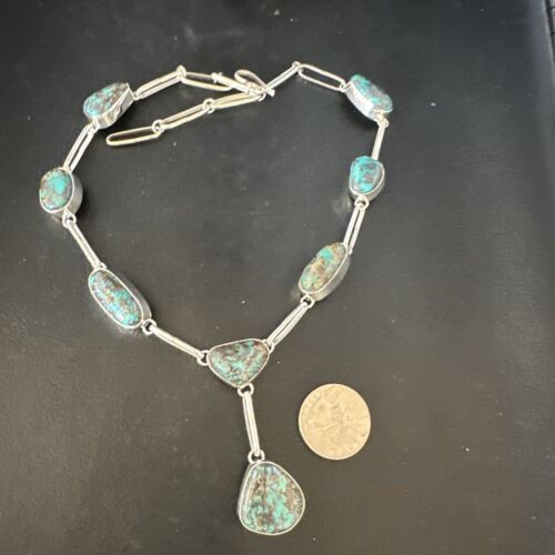 Navajo Blue Spiderweb Turquoise Lariat Necklace | Sterling Silver Pendant | 18" | 14959