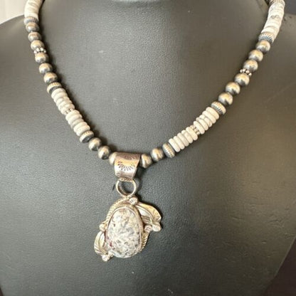 Navajo White Buffalo Turquoise Pendant Necklace | Sterling Silver | Authentic Native American Handmade | 17336