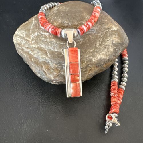 Navajo Red Spiny Oyster Pendant Necklace | Sterling Silver Inlay | Authentic Native American Handmade | 16883
