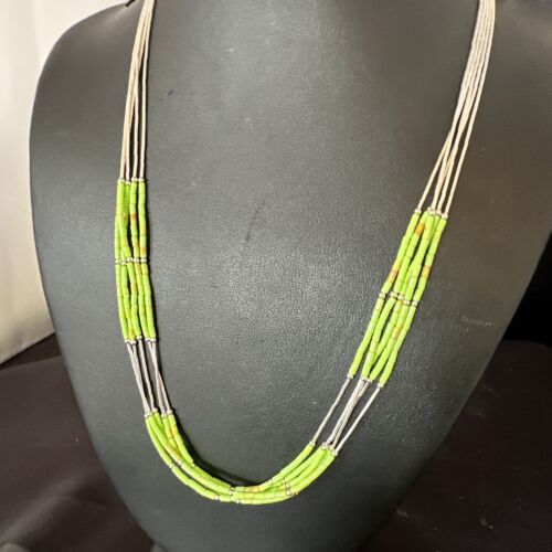 Navajo Green Gaspeite Heishi Bead Necklace | 5-Strand Stabilized Sterling Silver | 20" | 02941