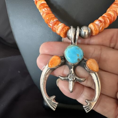 Navajo Blue Turquoise Spiny Naja Pendant Necklace | Sterling Silver | 23" | Authentic Native American Handmade | 14931