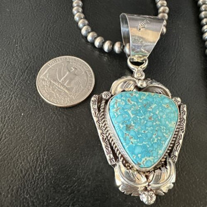 Navajo Kingman Turquoise Pendant Necklace | Sterling Silver Pearls | Authentic Native American Handmade | 15218