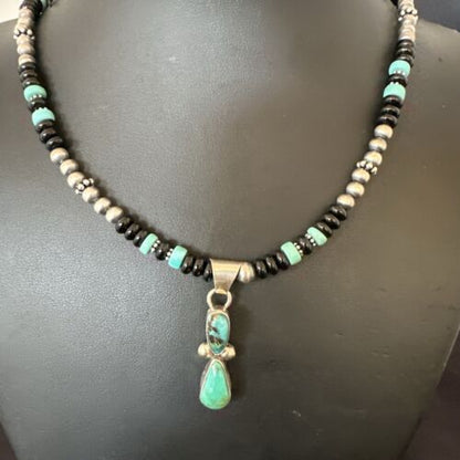 Navajo Men's Blue Turquoise Pendant with Pearls | Sterling Silver Onyx Necklace | Native American Handmade | 13203