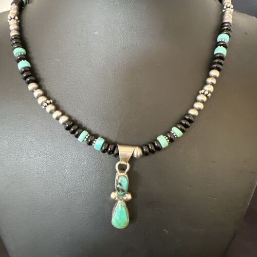 Navajo Men's Blue Turquoise Pendant with Pearls | Sterling Silver Onyx Necklace | Native American Handmade | 13203