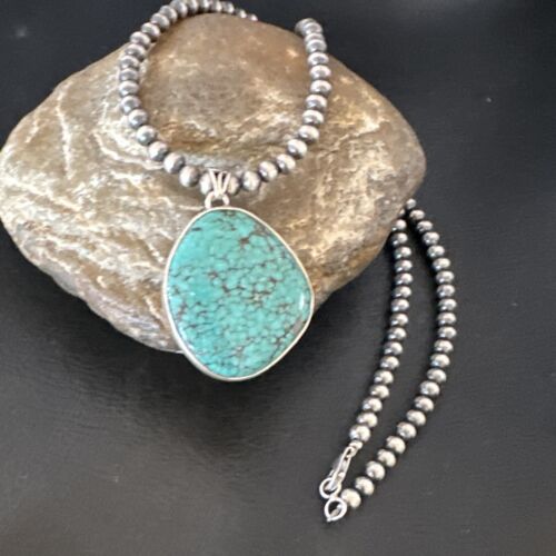 Men's Navajo Blue Spiderweb Turquoise Pendant Necklace | Sterling Silver | Authentic Native American Handmade | 16216