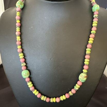 Navajo Green Turquoise Rhodochrosite Necklace | Sterling Silver | Authentic Native American Handmade | 20" | 17492