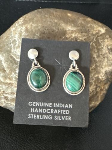 Navajo Green Malachite Dangle Earrings | Sterling Silver | Authentic Native American Handmade | 14922