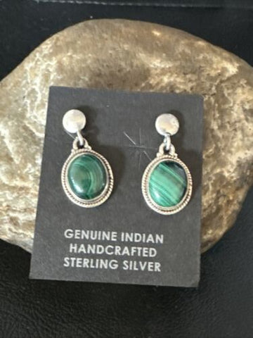 Green Malachite Sterling Silver Navajo Dangle Earrings 14922