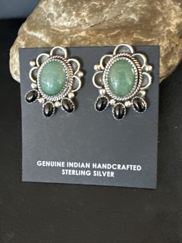 Navajo Black Onyx Green Jade Earrings | Sterling Silver | 1" | Authentic Native American Handmade | 15333
