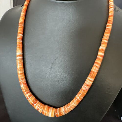 Navajo Graduated Orange Spiny Oyster Necklace | Sterling Silver | Authentic Native American | 18" | 16264