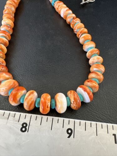 Navajo Orange Spiny Blue Turquoise Necklace | Sterling Silver | 23" | Authentic Native American Handmade | 17544