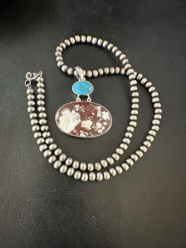 Navajo Wild Horse | Blue Kingman Turquoise Necklace | Sterling Silver | Authentic Native American Handmade | 17305