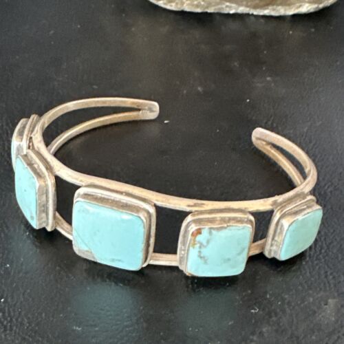 Men's Blue Turquoise 5 Stone Cuff Bracelet | Navajo Sterling Silver | Authentic Native American Handmade | 15073