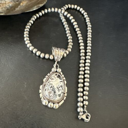 Navajo White Buffalo Turquoise Pendant Necklace | Sterling Silver | Authentic Native American Handmade | 17516