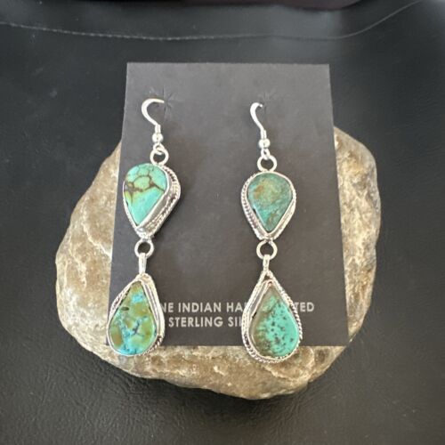 Navajo Green Royston Turquoise Dangle Earrings | Sterling Silver | Authentic Native American Handmade | 16495