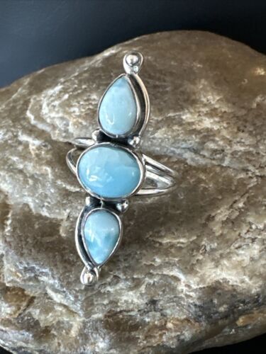 Navajo Women's Cluster Blue Larimar Multi-Stone Ring | Authentic Native American Sterling Silver | Sz 7 | 16162