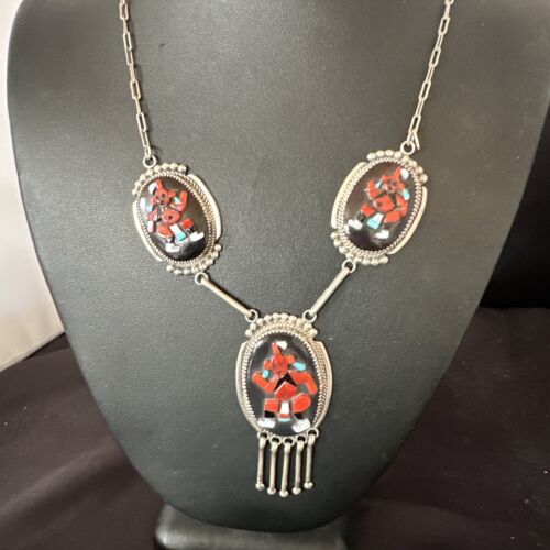 Native American Zuni Inlay Necklace Earrings Bracelet Set | Turquoise Onyx Coral | Sterling Silver | 16168
