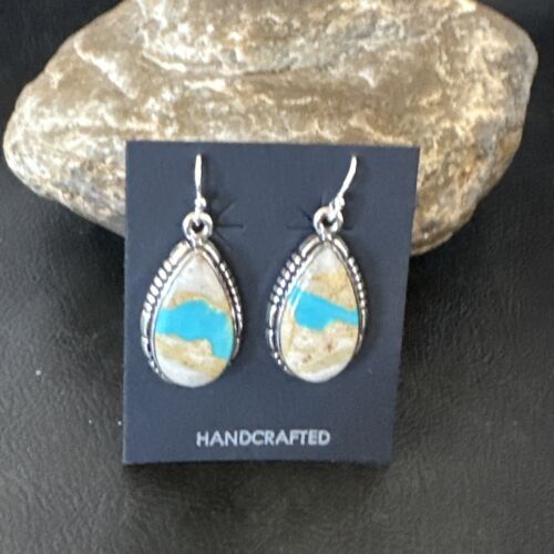 Navajo Blue Boulder Turquoise Dangle Earrings | Sterling Silver | Authentic Native American Handmade | 16503