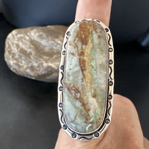 Navajo Ribbon Boulder Green Turquoise Ring | Sterling Silver | Sz 8.5 | 16254