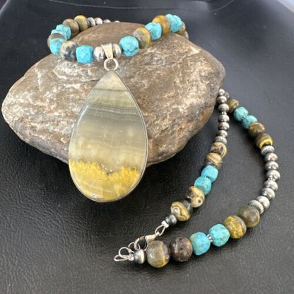Men's BumbleBee Jasper Pendant Necklace | Navajo Pearls | Sterling Silver | Authentic Native American Handmade | 16875 - Masha USA