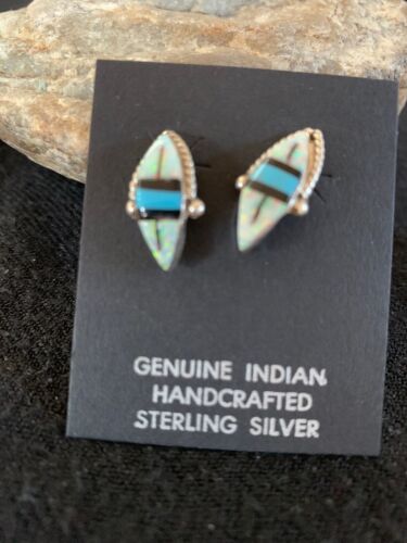 Navajo Turquoise White Opal Onyx Inlay Earrings | Sterling Silver | Authentic Native American Handmade | 13050
