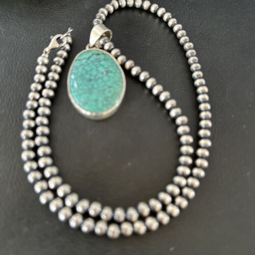 Navajo Blue Spiderweb Turquoise Pendant Necklace | Sterling Silver | Authentic Native American Handmade | 16292