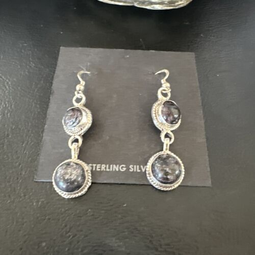 Navajo Purple Sugilite Dangle Earrings | Sterling Silver | 2" | Authentic Native American Handmade | 15695