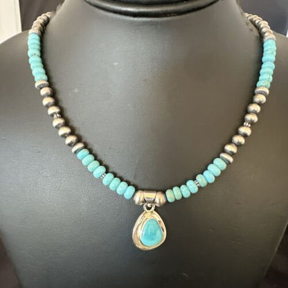 Navajo Blue Kingman Turquoise Pendant Necklace | Sterling Silver | 21" | Authentic Native American Handmade | 16933