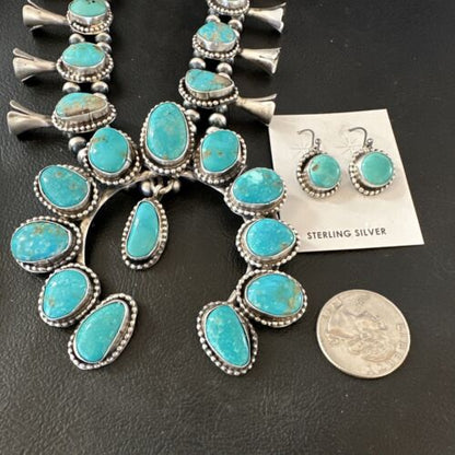 Kingman Turquoise Navajo Squash Blossom Necklace & Earrings | Sterling Silver | Native American Handmade | 16538