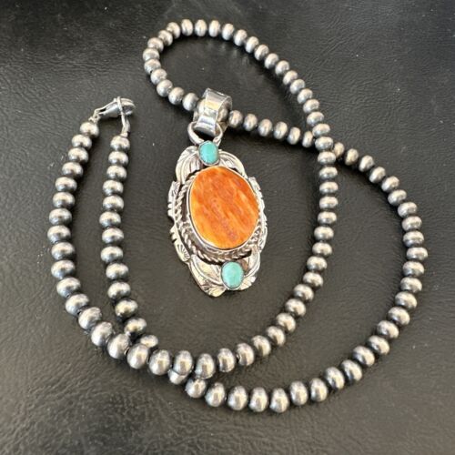 Navajo Spiny Oyster | Blue Turquoise Pendant Necklace | Sterling Silver | Native American Handmade | 16458