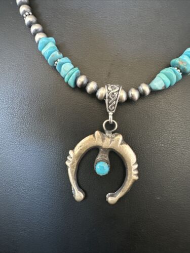 Navajo Kingman Turquoise Naja Pendant Necklace | Sterling Silver | Native American Handmade | 14834