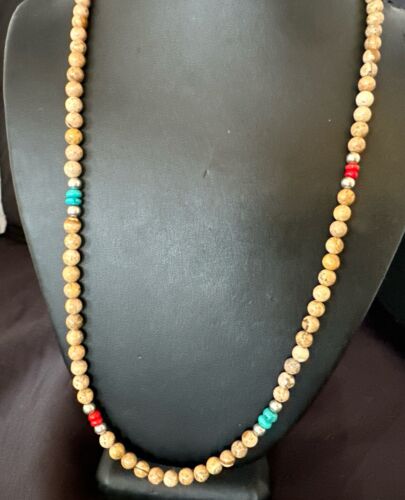 Navajo Turquoise Coral Picture Jasper Necklace | Sterling Silver | 24" | Authentic Native American Handmade | 17607