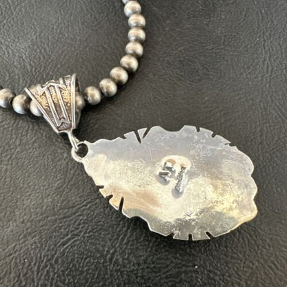Navajo White Buffalo Turquoise Pendant Necklace | Sterling Silver | Authentic Native American Handmade | 17516