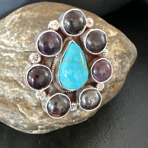 Navajo Cluster Blue Kingman Turquoise Sugilite Ring | Authentic Native American Sterling Silver | Multi-Stone | Sz 7 | 16772
