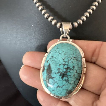 Men's Navajo Blue Spiderweb Turquoise Pendant Necklace | Sterling Silver | Authentic Native American Handmade | 16200