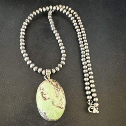 Navajo Green Gaspeite Pendant Necklace | Sterling Silver | Authentic Native American Handmade | 15489