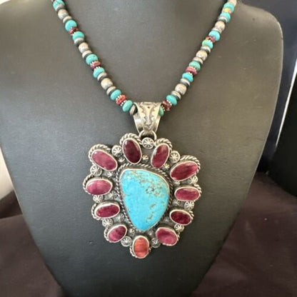 Navajo XL Turquoise Purple Spiny Cluster Pendant Necklace | Sterling Silver | Native American Handmade | 17427