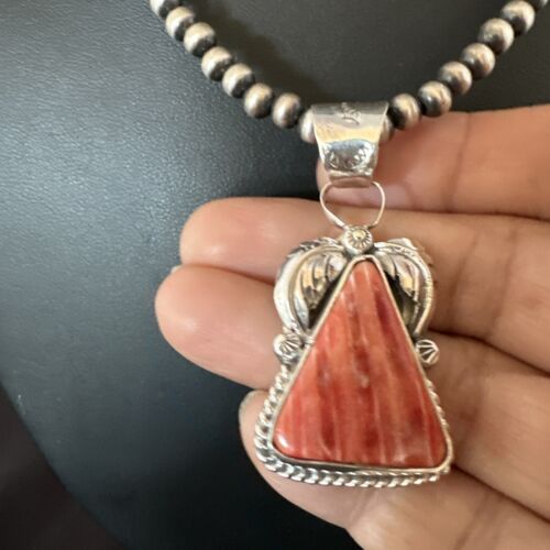 Navajo Red Spiny Oyster Pendant Necklace | Sterling Silver | Authentic Native American Handmade | 16149