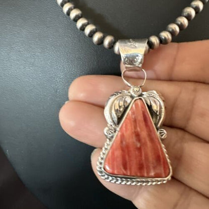 Navajo Red Spiny Oyster Pendant Necklace | Sterling Silver | Authentic Native American Handmade | 16149