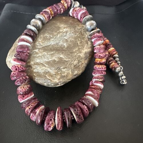 Navajo Purple Spiny Oyster Necklace | Sterling Silver Pearls | 22" | Authentic Native American Handmade | 16703