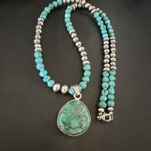 Men's Blue Spiderweb Turquoise Pendant Necklace | Navajo Sterling Silver | Authentic Native American Handmade | 17086
