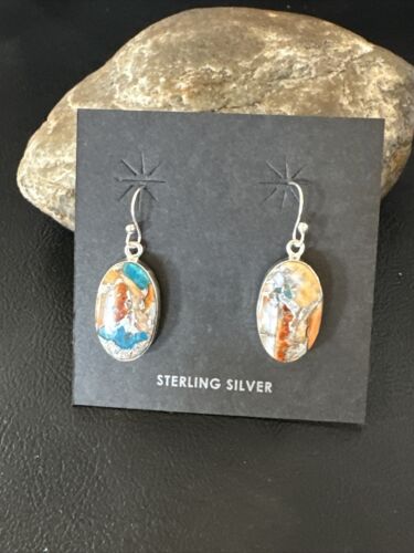 Navajo Blue Turquoise & Orange Spiny Oyster Inlay Dangle Earrings | Sterling Silver | 15587