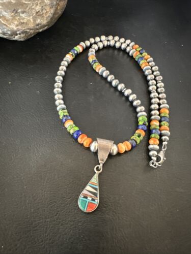 Navajo Spiny Oyster Turquoise Lapis Inlay Pendant Necklace | Sterling Silver | 21" | Authentic Native American Handmade | 16631
