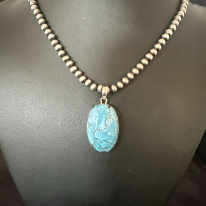 Navajo Blue Spiderweb Turquoise Pendant Necklace | Sterling Silver | Authentic Native American Handmade | 17021