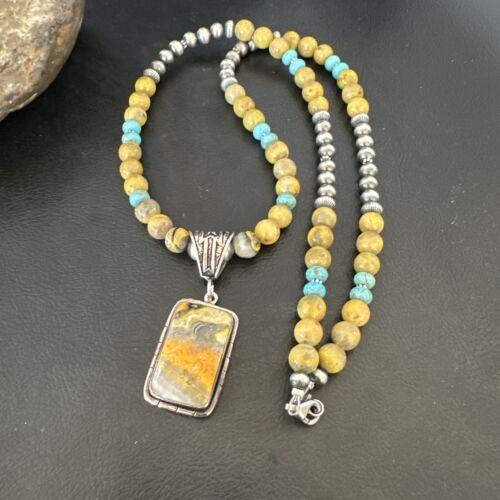 Men's BumbleBee Jasper Pendant Necklace | Navajo Pearls | Sterling Silver | Authentic Native American Handmade | 16874