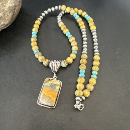 Men's BumbleBee Jasper Pendant Necklace | Navajo Pearls | Sterling Silver | Authentic Native American Handmade | 16874