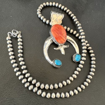 Navajo Blue Turquoise Red Spiny Oyster Naja Pendant | Sterling Silver | Authentic Native American Handmade | 16405