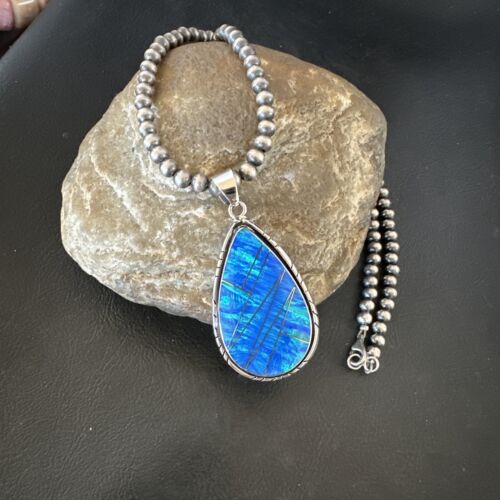 Men's and Women's Blue Fire Opal Inlay Pendant | Navajo Sterling Silver | Authentic Native American Handmade | 16481